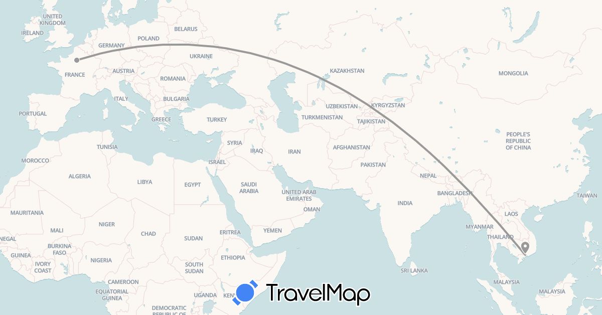 TravelMap itinerary: driving, plane in France, Vietnam (Asia, Europe)